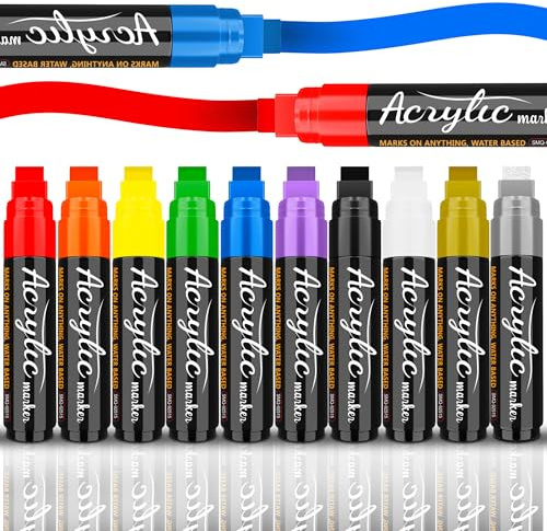15mm Jumbo Paint Markers Set: 10 Colors Waterproof Large Felt Tip Acrylic Paint Pens for Tagging、Signs Outdoor、 Poster、Painting、Wood、Stone、Glass and DIY