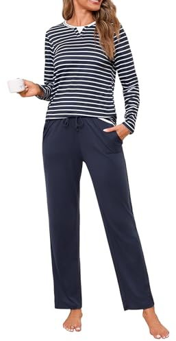Jahetuul Pijama Largo Mujer Invierno de Algodón 2 Piezas Cuello Redondo | Este pijama de algodón incluye camiseta de manga larga con cuello redondo y pantalón largo para noches frías