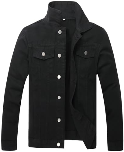 LZLER Denim Jacket Mens Classic Vintage Style Button Down Long Sleeve Cowboy Trucker Jean Jacket(Black,L)