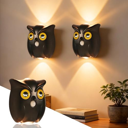 Wandlampe Mit Bewegungsmelder Innen, Eulen Magnetische LED Bewegungsmelder Innen, 3 Farbtemperaturen, Aufladbare Touch Wandleuchte Ohne Stromanschluss Dimmbar, Für Treppe, Flur, Wohnzimmer (B)