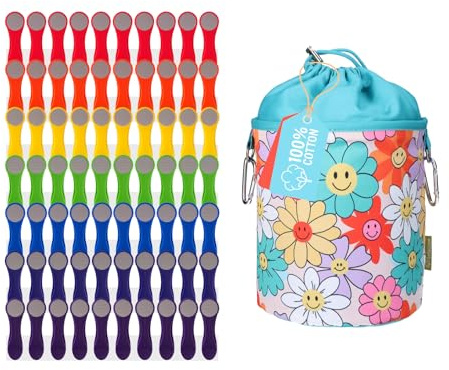 70 Softgrip Clothes Pegs Set Rainbow with Cotton Clothes Peg Bag Flower Smiley Design, Non-Slip, with Carabiner & Drawstring, Washable