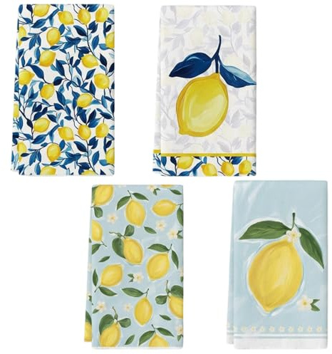 RzuoQnt Zitronen Deko, 4 Stück Zitronen Teetücher Für Tägliche Haushaltsreinigung, Mediterrane Deko Für Küche, 40 x 60 cm Küchentücher Mit Dekorativen Zitronenmotiven