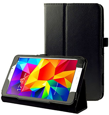 subtel Flip Cover Tablethülle für Samsung Galaxy Tab 4 7.0 (SM-T230 /SM-T231 /SM-T235) Tablet Schutzhülle mit Ständer,Kunstleder schwarz Bookstyle Case Bumper Klapphülle faltbar - Tasche Hülle