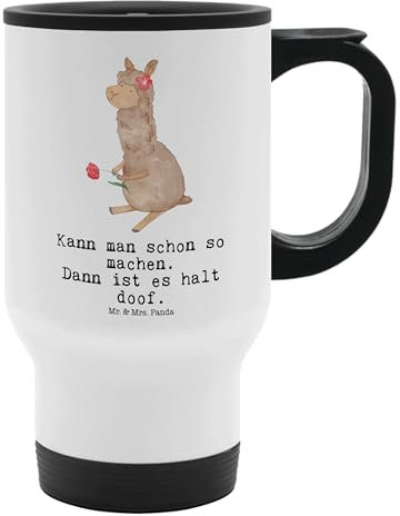 Mr. & Mrs. Panda Thermobecher Alpaka Blume - Geschenk, Warmhaltetasse, Kaffeetasse zum Mitnehmen, Alpaka Witz, Thermobecher für 400 ml, Lama,
