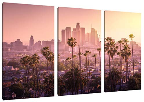 Pixxprint Palmen vor Skyline von Los Angeles, Leinwandbild 3 Teilig, Gesamtmaß: 120x80cm, Wandbild, Dekoration, fertig gespannt, Kein Poster