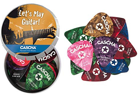 CASCHA HH 2293 Gitarren-Plektrum-Mix-Set 4 Stärken I 24 Stück hochwertige Plektren aus robustem & griffigem Celluloid - inkl. Plektrum-Box I Light - Medium - Heavy - Extra Heavy I Plektron bunt 24 Stück