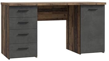 FORTE NET106 Schreibtisch mit 4 Schubladen und 1 Tür, Holzwerkstoff, Old - Wood Vintage/Betonoptik Dunkelgrau, B x H x T: 145 x 76,3 x 60 cm