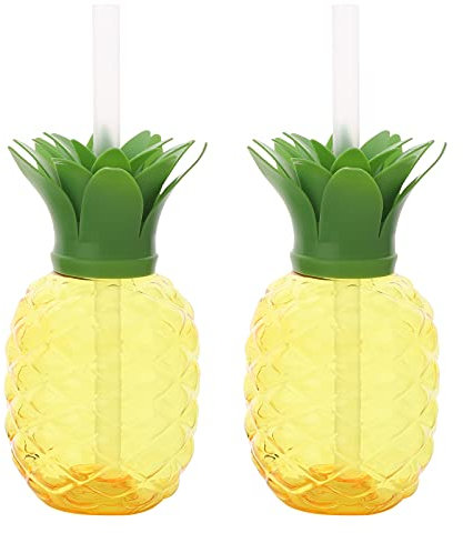 Pineapple Cups,2 Pcs Hawaiian Luau Reusable Pineapple Cocktail Cup with Straw and Removable Lid,Translucent Yellow Pineapple Drink Cups Leak Prevention Drink Cups for Beach Theme Party Supplies