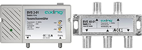 Axing BVS 2-01 Hausanschlussverstärker 25 dB für Kabelfernsehen digital (47-862 MHz) & BVE 40-01 4-Fach BK-Verteiler (5-1000 MHz) für Kabelfernsehen und DVB-T2 HD, F-Anschlüsse