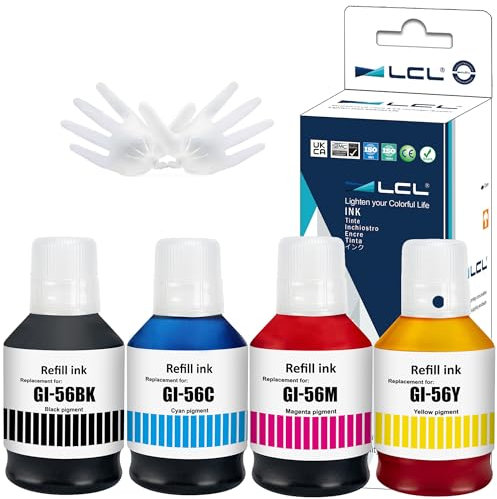 LCL Imprimante Bouteille d'encre Compatible GI56 GI-56 BK GI-56BK GI-56C GI-56M GI-56Y (4-Pack,1K 170ML, 1C1M1Y 135ML) Remplacement pour Canon MAXIFY GX7050 GX6050 GX5050 GX4050 GX3050