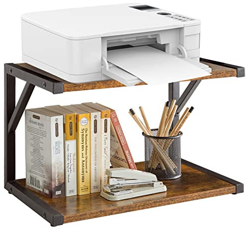 IBUYKE 2-Tier Desktop Printer Stand Holder, Multi-Purpose Desk Organizer Storage Shelf, Book Shelf Printer Shelf for Fax Machine, Scanner, Files, Books, Microwave Oven,Rustic Brown TLJ004H