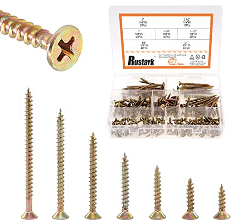 Rustark 190Pcs 7 Sizes #10 5/8'' to 2-1/2'' Zinc Plated Wood Screws Phillips Flat Head Chipboard Screws Assortment Kit for Drywall Sheetrock Woodwork