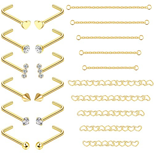 ADRAMATA 20G Nasenpiercing Edelstahl Nasenkette für Damen Herren | Nasenpiercing Stecker, Nostril Piercing, Piercing Nase Versilbert, 14K Vergoldeter Nasenstecker
