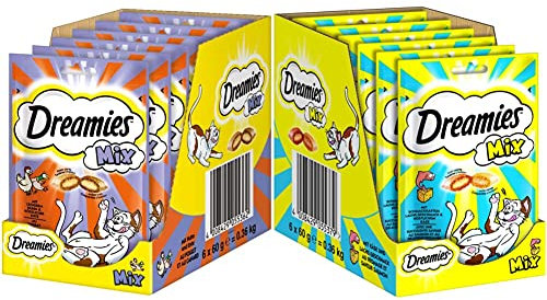 Dreamies Mix Katzensnacks mit Huhn & Ente – Außen knusprig & innen cremig – 6 x 60g & Mix Katzensnacks mit Lachs Geschmack & Käse – Außen knusprig & innen cremig – 6 x 60g