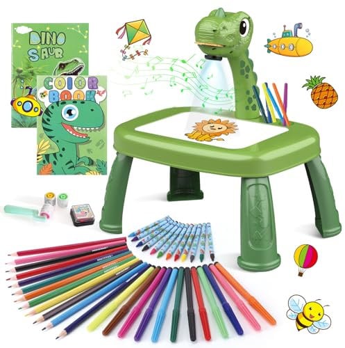 Dinosaur Drawing Projector Table with 72 Patterns Drawing Board Kids Art Tables with Pens,Pencils,Crayons,Scrapbook,Sticker Book,Unicorn Stickers,Stamps (12.6 * 9.5 * 14.5 inches)