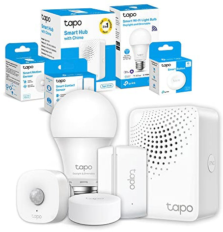 Tapo TP-Link Sistema di Allarme, Lampadina WiFi E27 L520E + Smart Hub H100 + Sensore di Movimento T100 + Sensore di Contatto T110 + Pulsante Smart S200B