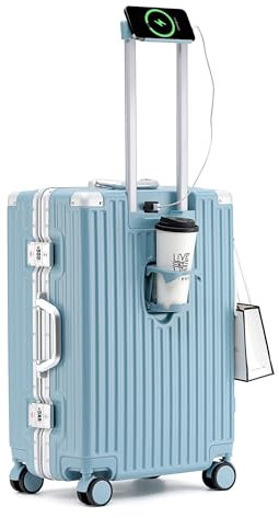 lesulety Hard Shell Suitcase Cabin Size Cheap Cabin Luggage Suitcase Medium 4 Wheels Lightweight with USB Charger Cup Holder zipperless Luggage,Blue,22in
