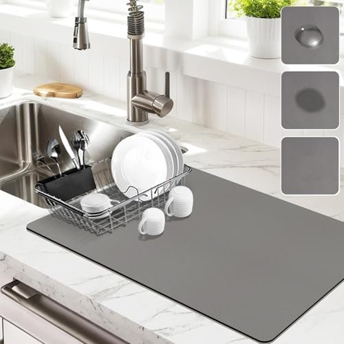 Dish Drying Mat for Kitchen Counter, Dish Drying Pad with Non-Slip Rubber Backed, Hide Stain Anti Absorbent for Kitchen Counter (Gray, 50x30cm)