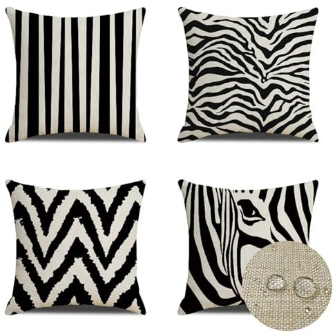 Wasserdichte Kissenbezugen 4er Set 30x30cm Dekorative Outdoor Kissen Wasserfest Atmungsaktiv Zebra Platz Leinen Kissenbezüge für Sofa wohnzimmer Garten Outdoor Dekorative Kissen Schwarz Weiß W-4271