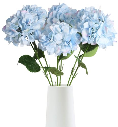 ICBOX Künstliche Hortensien aus Seide für hohe Vase, langer Stiel, große künstliche Hortensien, lebensechte künstliche Hortensien, für Hochzeit, Babyparty, Party, Zuhause, Tischdekoration, Blau, 6