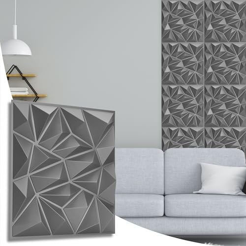 NOVECRAFTO Diamond Effect 3D Wall Panels - 20 Sheets Covering 5 sqm | 53.82 sqf Interior Cladding Panels Set | 3D Wall Tiles Diamond Design in Matte Grey Silver - Each Panel Size 19.6 x 19.6