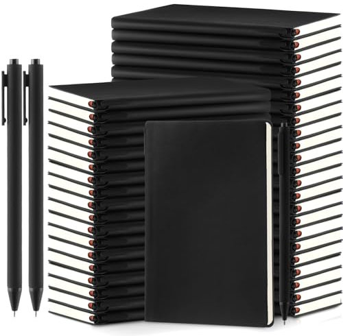 Jetec 30 Pack Notebooks Journals Bulk with 30 Black Pens, A5 Softcover Notebook Leather Ruled Journal Set with Pen Holder for Gift School Business Work Travel Writing, 200 Pages, 5.7x8.3, Black