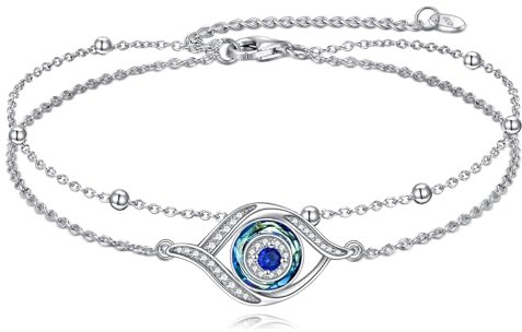 VONALA Bracelet de cheville mauvais œil en argent sterling avec cristaux bleus - Double couche - Amulette porte-bonheur Ojo Turco - Cadeau pour femmes et filles, Oxyde de zirconium