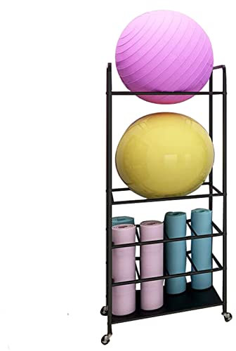 Large Capacity Tall Yoga Ball/Yoga Mats Storage Organizer Stand, Heavy Duty Metal Rolling Foam Roller Display Rack Holder On Wheels, Easy To Install (Black L)