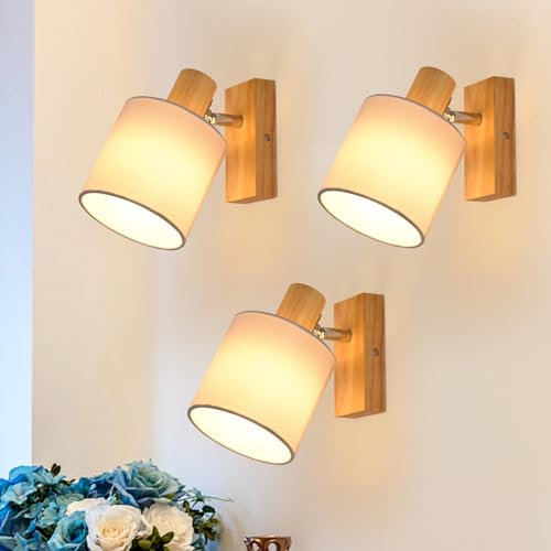 Glitzerlife Wandstrahler Holz Vintage 3er - Wandleuchte E14 1 Flammig Wandspot Retro Schwenkbar Wandbeleuchtung Wandlampe Industriell mit Weiße Stoffschirm für Flur Küche Gang MAX.40W