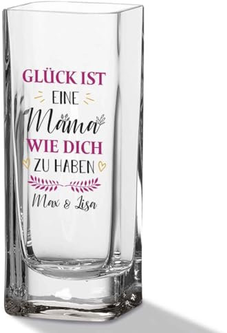 GRAVURZEILE Blumenvase mit UV Druck - Glück ist eine Mama - Personalisiert mit Namen - Moderne Vase aus Glas - Personalisierte Geschenke für Frauen - Deko Geschenkidee zum Muttertag - 20x8cm