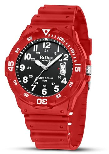 HANPOSH Orologio Uomo Giapponese Analogico Al Quarzo, Impermeabile, In Gomma Siliconica, Con Data Luminosa, Per Attività All'aria Aperta, Per Uomini e Uomini, Per Papà (Rojo Negro555)