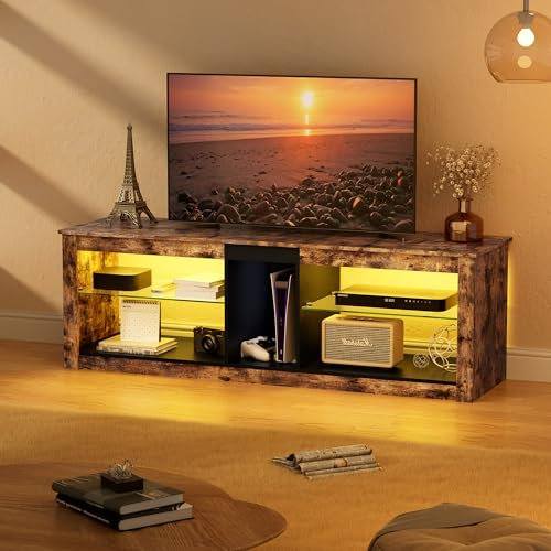 TV-Schrank TV Möbel Tisch Fernsehschrank Modern mit RGB-LED TV-Regal Lowboard mit offenen TV-Ständer für Fernseher bis zu 65 Zoll TV-Regal für Wohnzimmer, Unterhaltungsraum 140CM x 40CM x 46.5CM