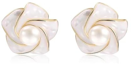 Boucles d'Oreilles à Tige En Perles De Fleur De Luxe Pour Femmes Et Filles, En Argent Sterling, Perles De Culture d'Eau Douce Blanches, Boucles d'Oreilles Camélia Plaquées Or 14 Carats