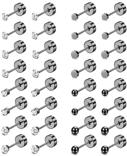 JeweBella 16 Pairs Flat Back Earrings Tiny Stud Earrings for Women Men Surgical Steel Hypoallergenic Earrings Small CZ Ball Screw Back Earrings 20G Helix Cartilage Earrings Sleeper Earrings Set 2/3mm