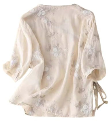 Summer Hanfu Cotton-Ramie Chemisier ample décontracté à manches 3/4 Col en V Vêtements traditionnels chinois avec boutons grenouille chinoise A14 - XL Multicolore, multicolore, X-Large