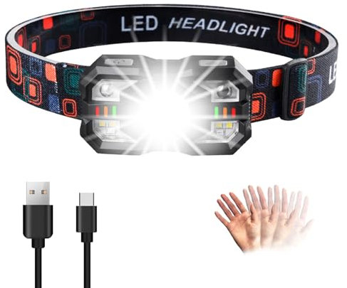 AUXHCYL Torcia Frontale LED Ricaricabile, Super Luminosa 2000 Lumen, Leggera e Resistente con Sensore e Luce Rossa, 10 Modalità Ideale per Jogging, Campeggio, Pesca, Ciclismo, Emergenze