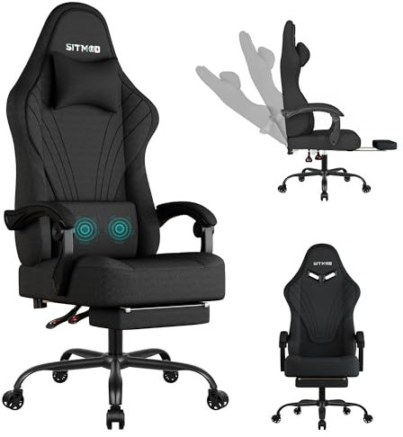 Gaming Stuhl, Ergonomischer Computer Stuhl mit Fußstütze, 360° Drehbarer Task Stuhl mit Kopfstütze und Lendenwirbelstütze, Höhenverstellbarer PC Drehstuhl für Erwachsene-Schwarz