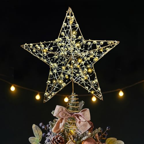 Christmas Tree Topper, 10 Inch Glittered Tree Star Xmas Tree Topper Xmas Metal Wire Tree Top Ornament with 15 LED Lights for Christmas New Year Holiday Decorations (Gold)