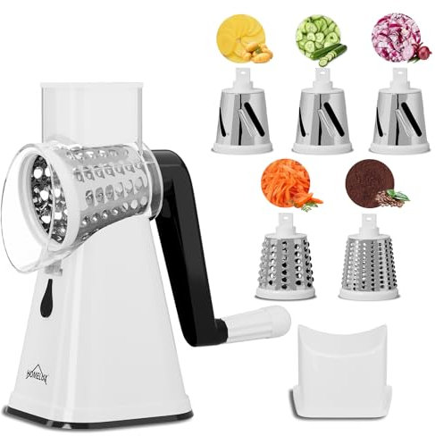 HOMELUX Trommelreibe, 3-in-1 Gemüseschneider, Käsereibe mit Kurbel, Gemüsehobel mit 3 Trommelblättern, Multifunktionsreibe