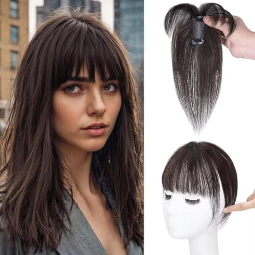 Pony Haarteil, Haarteile Echthaar, Echthaar Clip in Bangs, One Piece Clip in Pony, Extensions Natürliche Bangs, Pony Extension Echthaar für Damen, B, braun schwarz