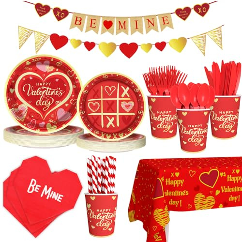 AIBIIN Suministros de fiesta para el día de San Valentín, platos de papel desechables con corazón rojo, servilletas, vasos, mantel de plástico, pancarta para el día de San Valentín, compromisos,