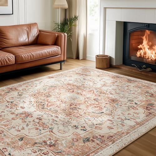 SONGMICS HOME Vintage Teppich, 160 x 230 cm, Wohnzimmerteppich, Schlafzimmerteppich, Waschbarerteppich, Rutschfester Teppich, für Küche, Flur, Esszimmer, cappuccinobeige TAR033L01