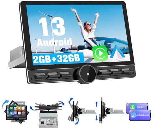Hexinex Android 13 Radio Coche 1 DIN Universal 8-Core con Pantalla Táctil y Giratoria de 10.6 Pulgadas, con 4G/CarPlay/AndroidAuto/Mirror Link, WiFi/GPS/Bluetooth/RDS/FMAMUSB/FM/Mandos del Volante