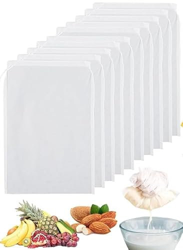 Lot de 10 Sac a Lait Vegetal,20x30cm Réutilisables Mousseline Alimentaire - En nylon bio - Avec Cordon de Serrage - Cheese Cloth Pour Fromage,Jus de fruits,Café,Jus de Légumes,etamine alimentaire