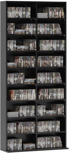 HOMCOM 640 CD/360 DVD Storage Unit, Blu-ray Media Storage Shelf with 18 Compartments and 14 Adjustable Shelves, CD Tower for Living Room, Bedroom, Office, Black