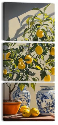 ZQQART Lemon Wall Art for Kitchen Set of 3 Vintage Fruit Picture Lemon Tree Painting Blue Yellow Poster Prints Dining Room Decor Framed(Gold,11.00x14.00x3Pcs)