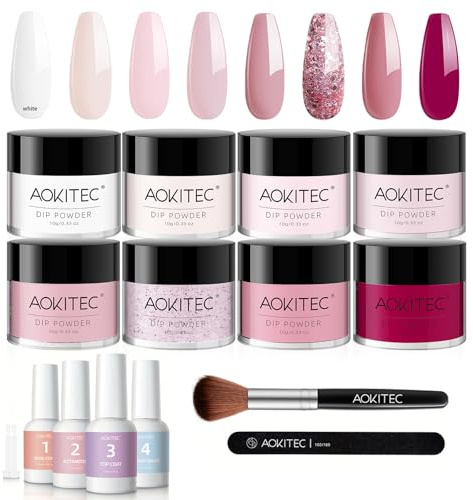 Aokitec 14 PCS Dipping Powder Nails Set, Rosa Magenta Dip Acrylpulver mit Dip Base Top Activator Brush Saver, Dipping Powder Starter Set für Nägel Selber Machen, Geschenk für Frauen Mädchen