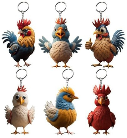 Pjeghbvop Schlüsselanhänger in Form eines Huhns, niedlicher Hahn-Schlüsselanhänger für Schlüssel, personalisiertes Zubehör, Weihnachtsbaum-Anhänger, Cartoon-Weihnachtshühn, 6 Stück