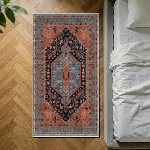 Decoranddecor Traditional Kitchen Rug 80x150cm Washable Bedroom Non-Slip | Orange Kitchen & Bedroom Rug, Machine Washable Rug, Area Rug, 6mm Low Pile, Pet Friendly, Stain Resistant