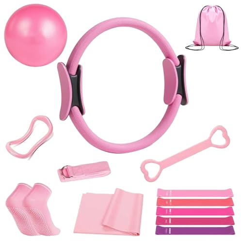 KINDLUME Pilates Set, Pilates Ring, 13-teiliges Fitness Set mit texturierter Anti-Rutsch-Oberfläche, inklusive Gymnastikball und 5 Widerstandsbändern, für Home Training, Studio Workouts